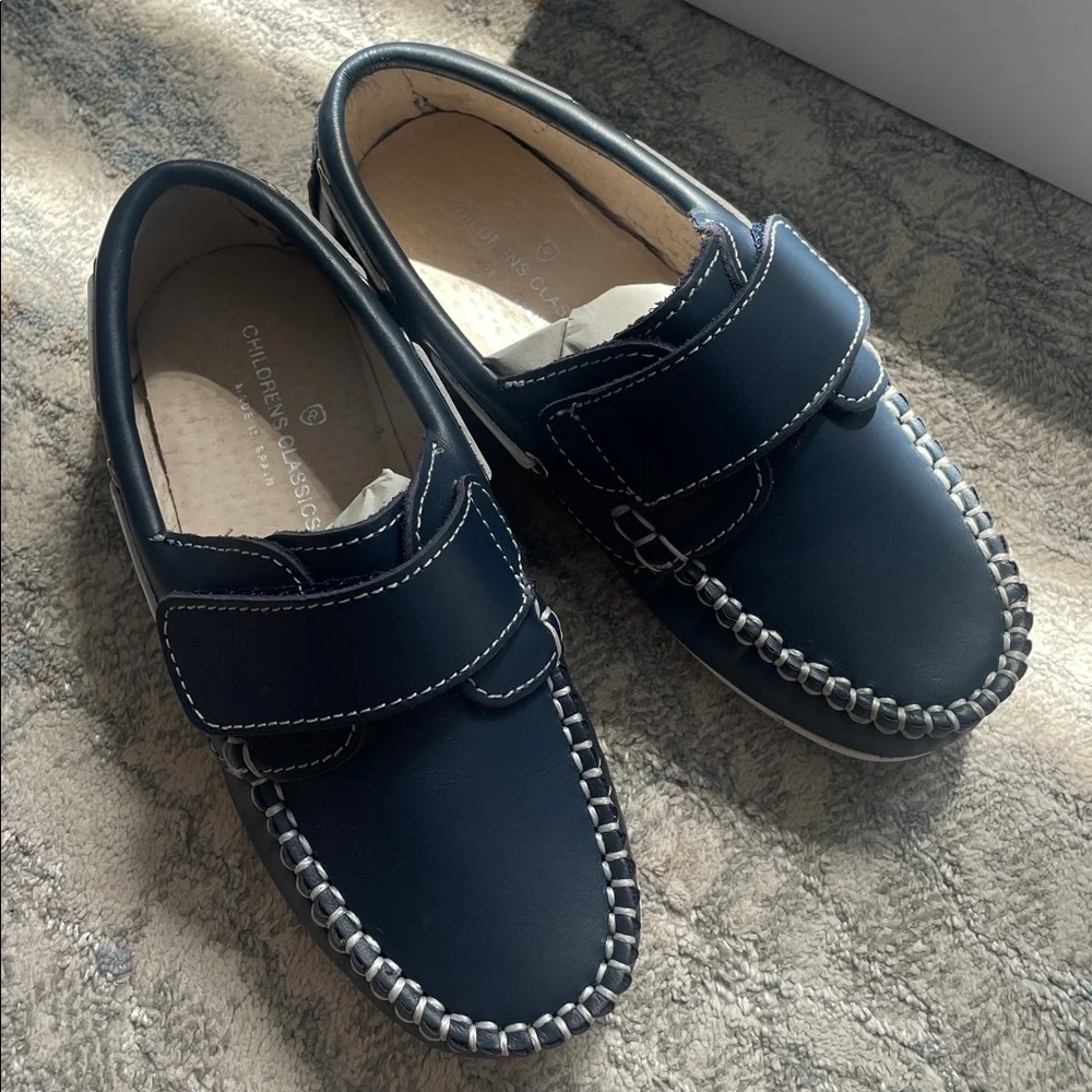 Kids Navy Leather Moccasin Loafers - Classic Slip-On Dress Shoes